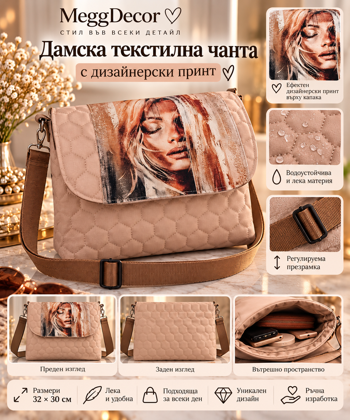 Дамска текстилна чанта с дизайнерски принт