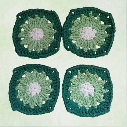 Green Crochet Flower Granny Squares – 10 Handmade Granny Squares in Neutral Boho Colors (8 cm)