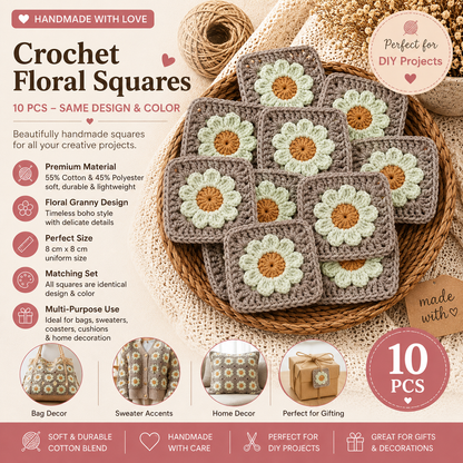 Crochet Daisy Granny Squares – Set of 10 Handmade Floral Motifs (8x8 cm)