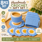 Handmade Crochet Coffee Gift Set – 4 Daisy Coasters & 4 Cup Sleeves (Set of 8)